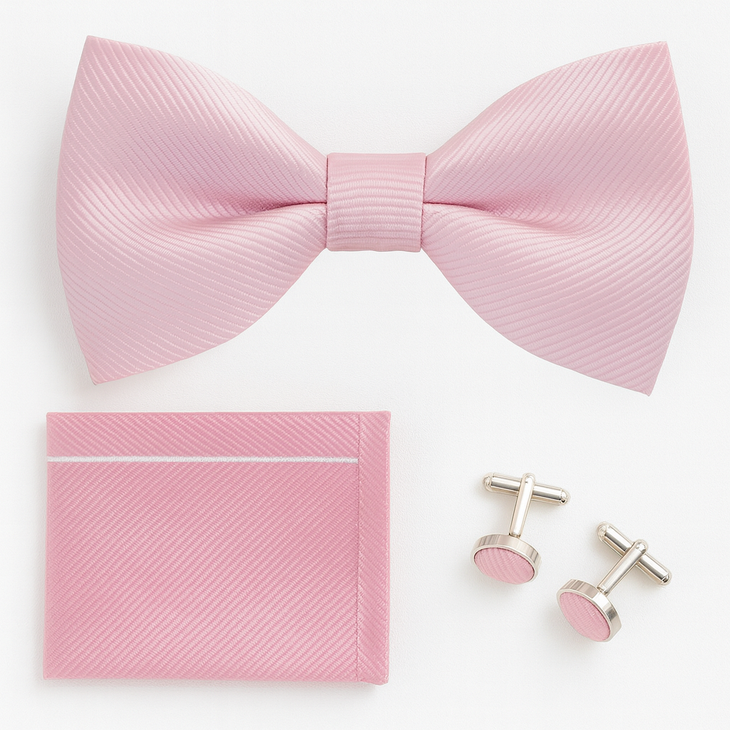 Ensemble nœud papillon rose poudré, mouchoir et bouton de manchette