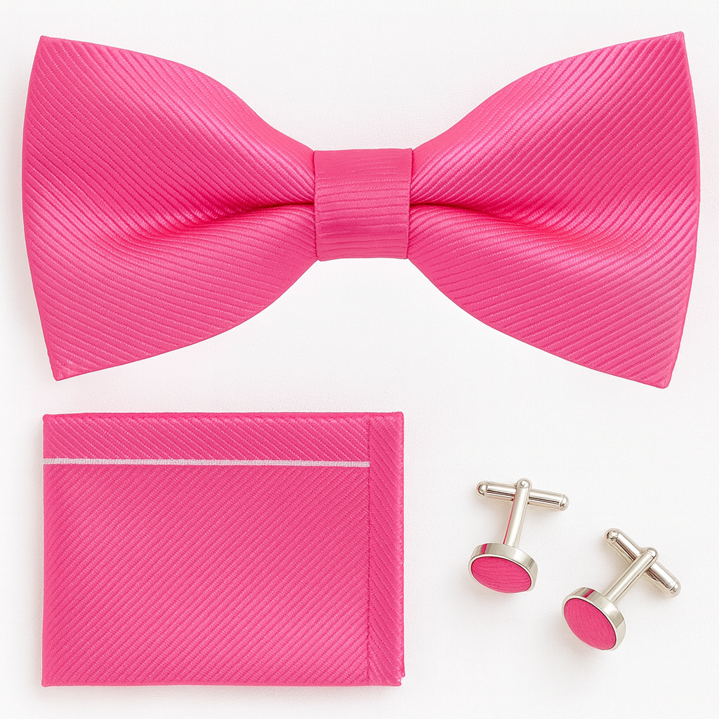 Ensemble nœud papillon rose, mouchoir et bouton de manchette