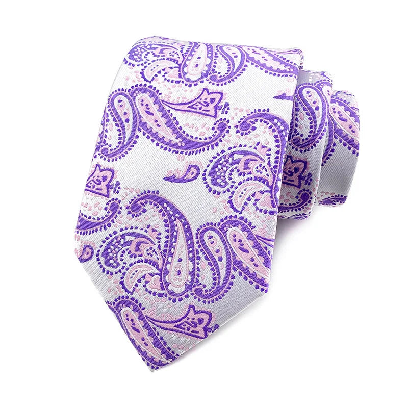 Cravate blanche et violette motifs Paisley - 8 cm