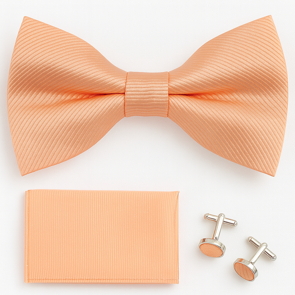 Ensemble nœud papillon orange, mouchoir et bouton de manchette