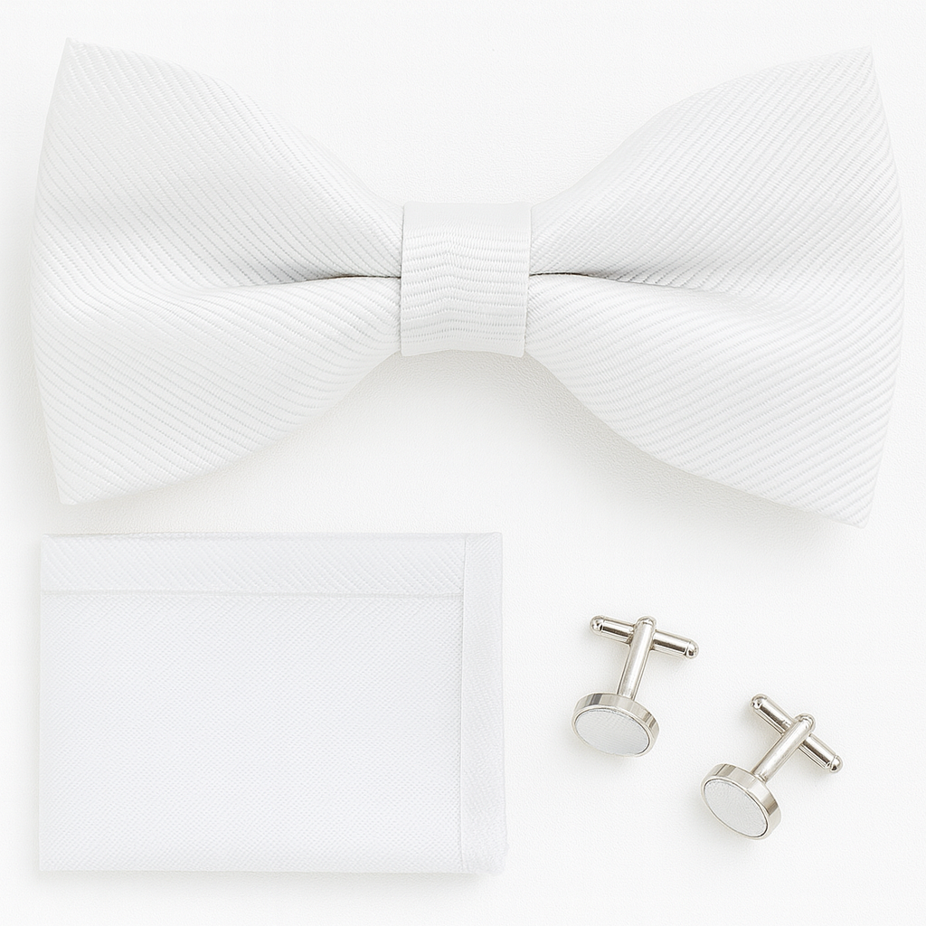 Ensemble nœud papillon blanc, mouchoir et bouton de manchette